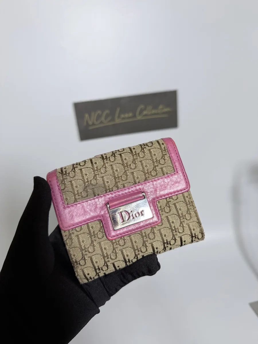 Christian Dior Trotter Canvas Pink Leather Trim Trifold Wallet