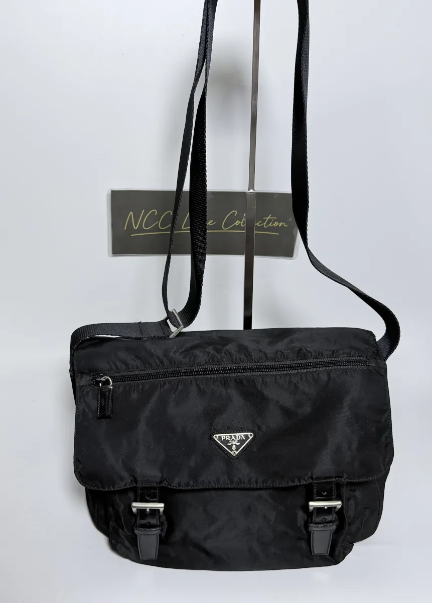 Prada Tessuto Nylon and Leather Double Buckle Messenger Bag