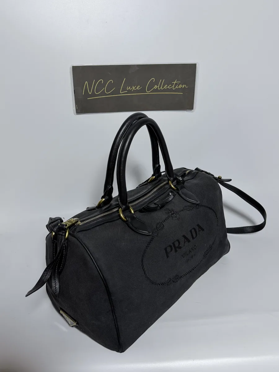Prada Black Logo Jacquard Canvas and Leather Boston Bag