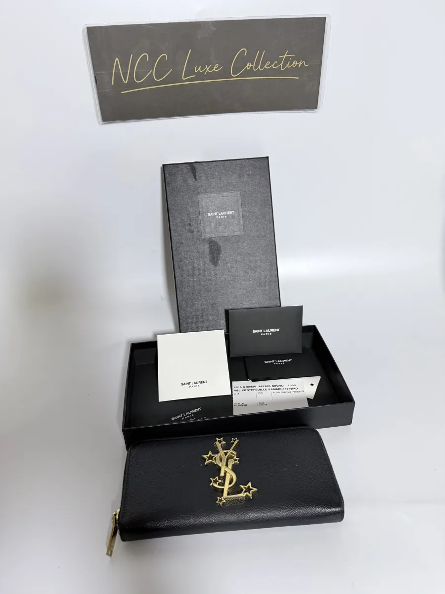 YSL Saint Laurent Black Grained Leather GHW Star Monogram Zip Wallet