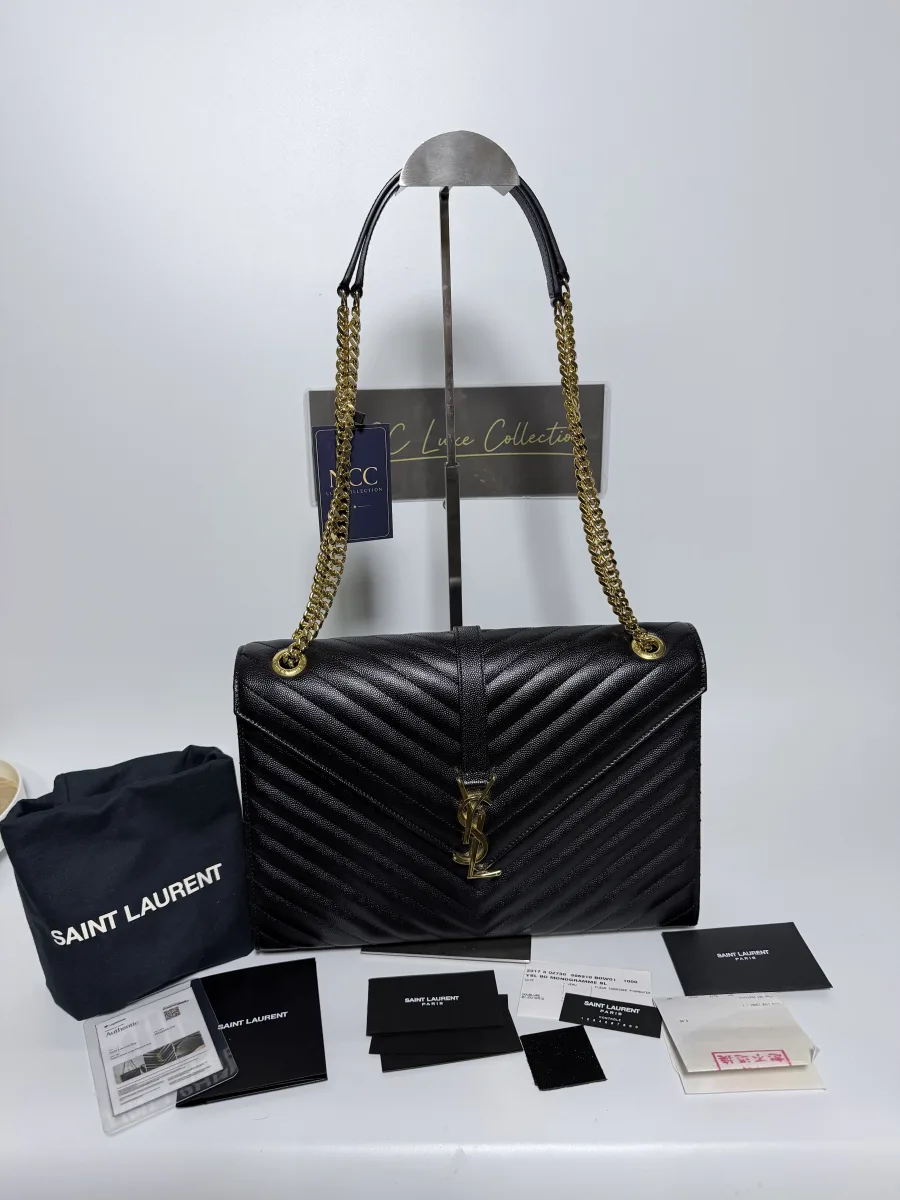 Yves Saint Laurent Black Chevron Quilted Grained Leather Large Shoulder Bag