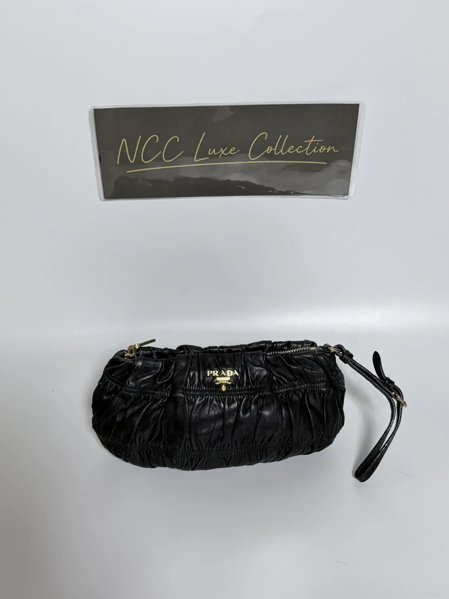 Prada Nappa Leather Gaufre Wristlet Black Clutch