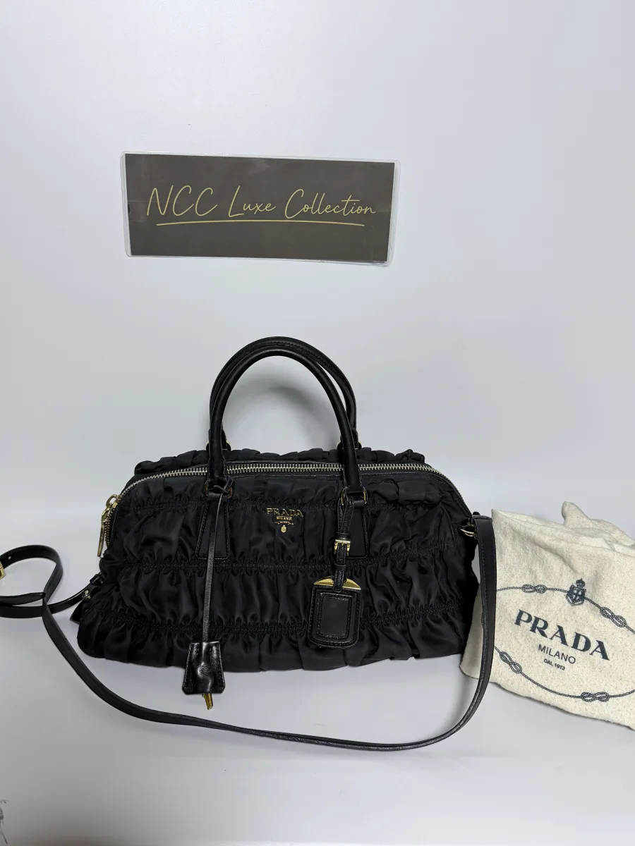 Prada Tessuto Gaufre Ruched Pleated Nylon 2-Way Bag