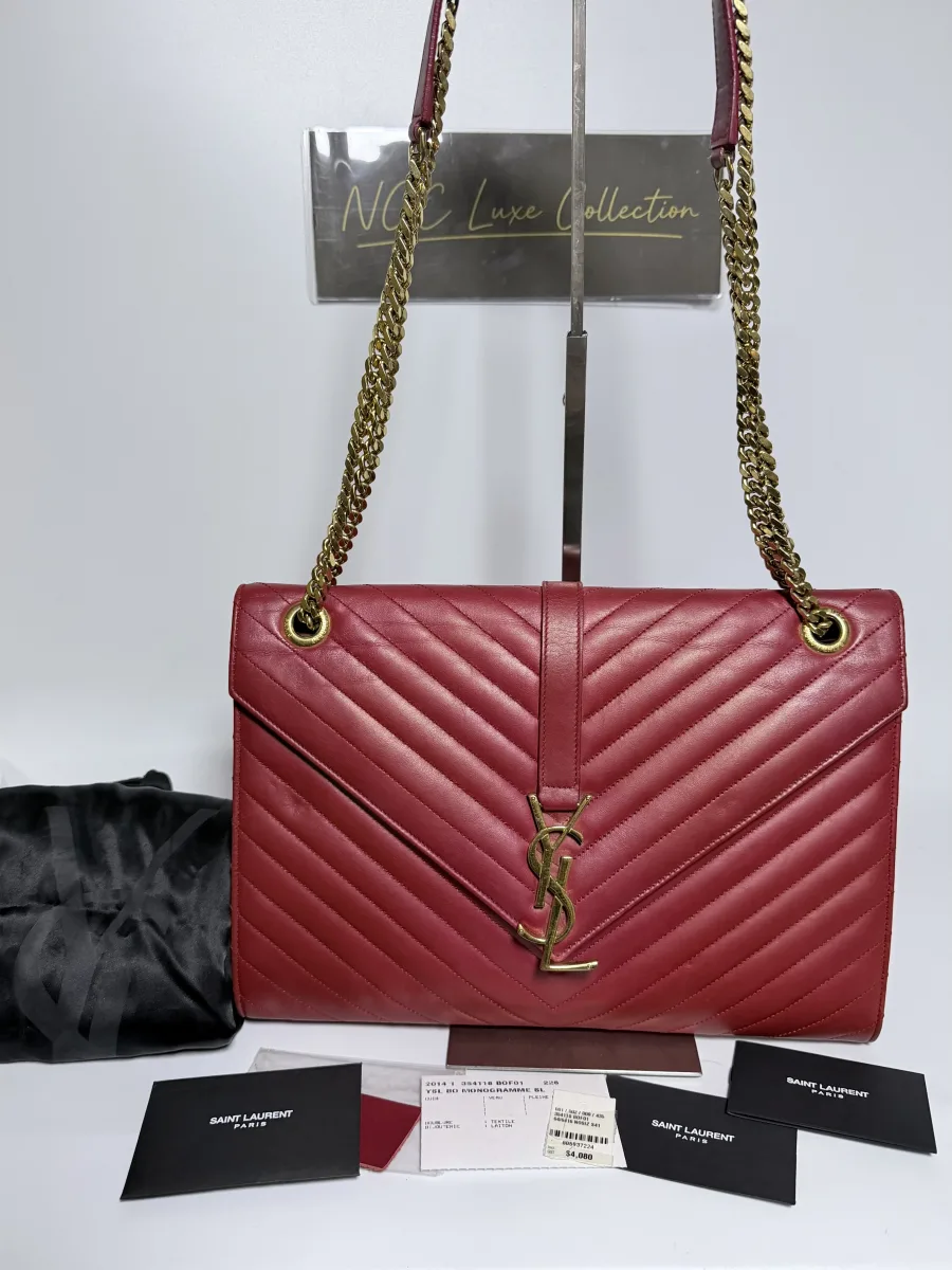 Yves Saint Laurent Large Envelope Red Smooth Chevron Bag GHW