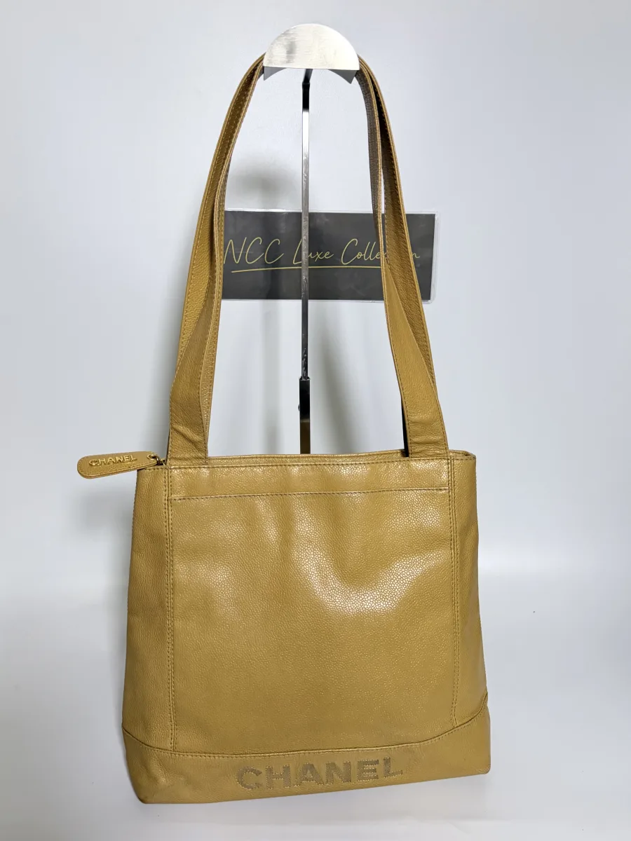 Chanel Caviar Leather Vertical Tote Bag with Embroidered Bottom Logo