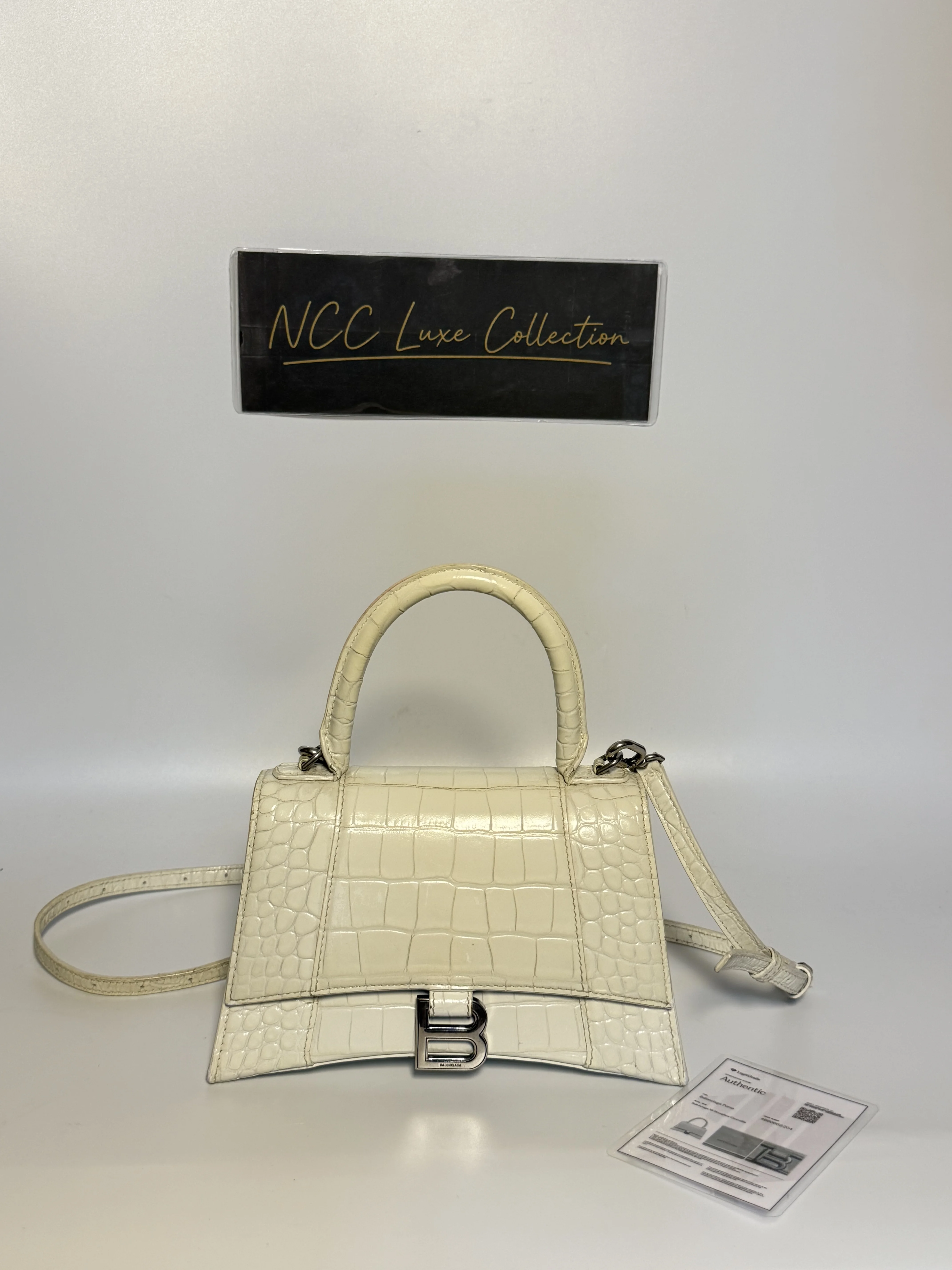 Balenciaga Small Hourglass Top Handle Bag Crocodile-Embossed Leather.